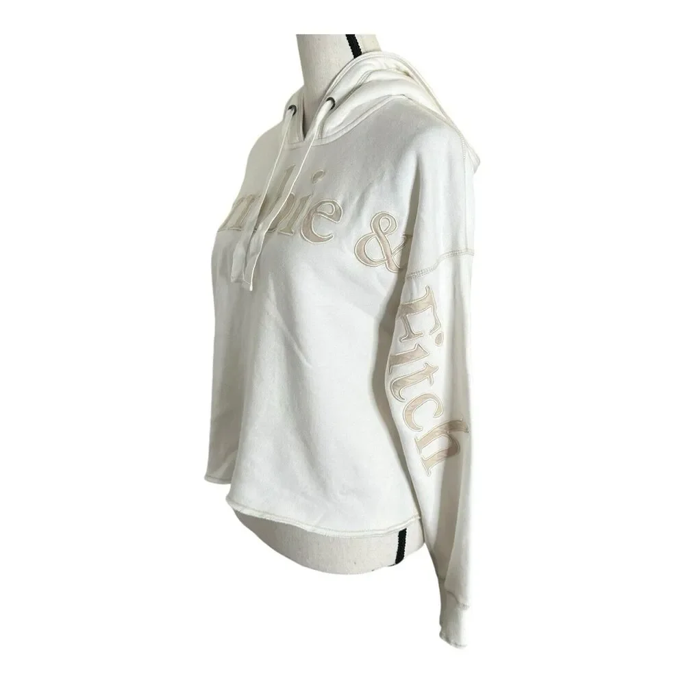 Abercrombie and Fitch Cream Cropped Hoodie XS Embroidered‎ Logo Pullover